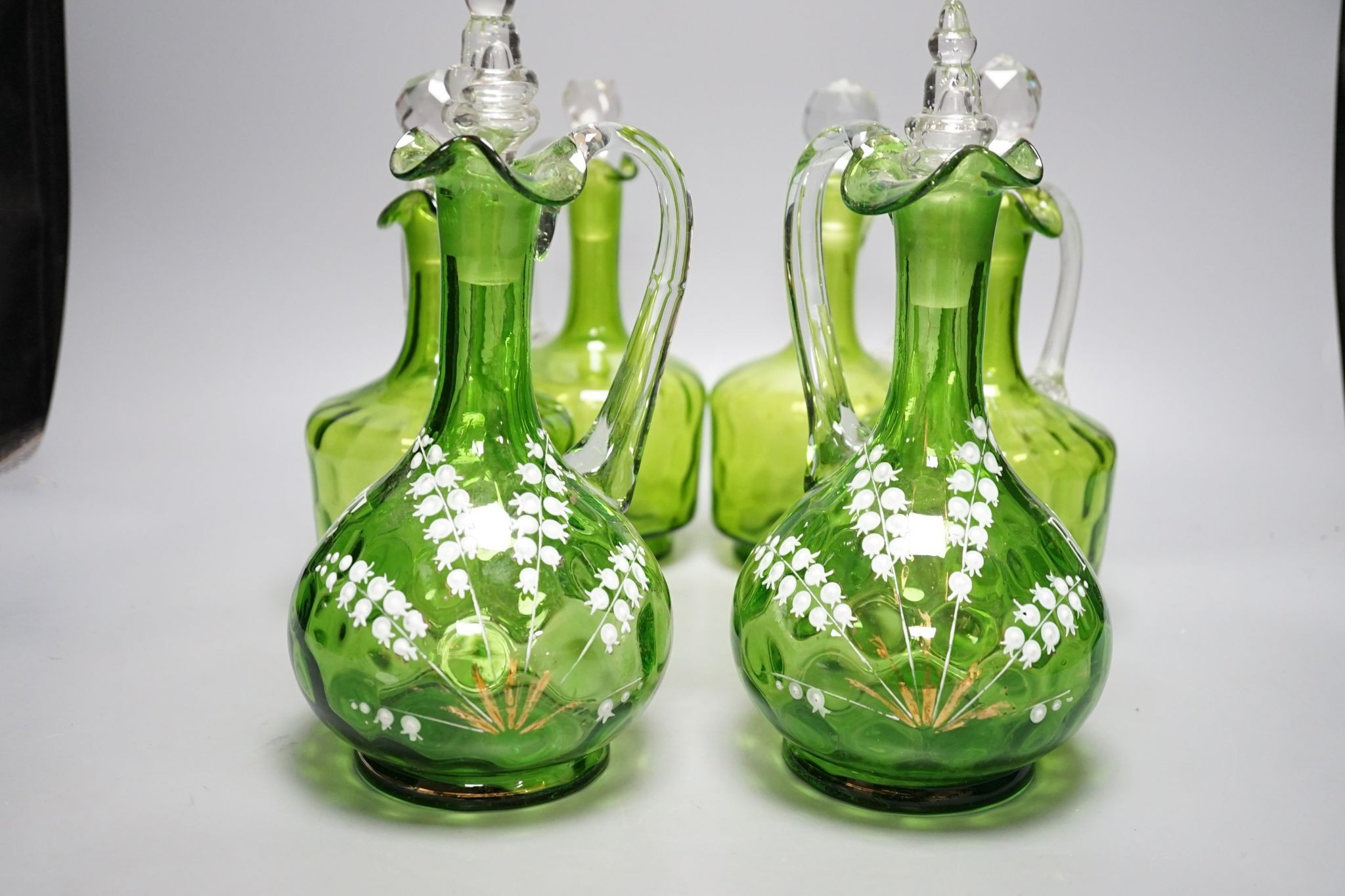 A group of six Victorian green glass decanters, including pair of Ramsgate souvenirs, 26cm